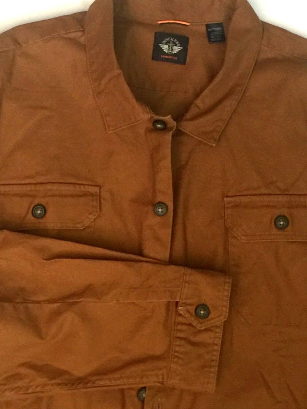 DOCKERS SUPREME FLEX BROWN LONG SLEEVE BUTTON UP SHIRT MENS XXL 56x31" OVERSHIRT